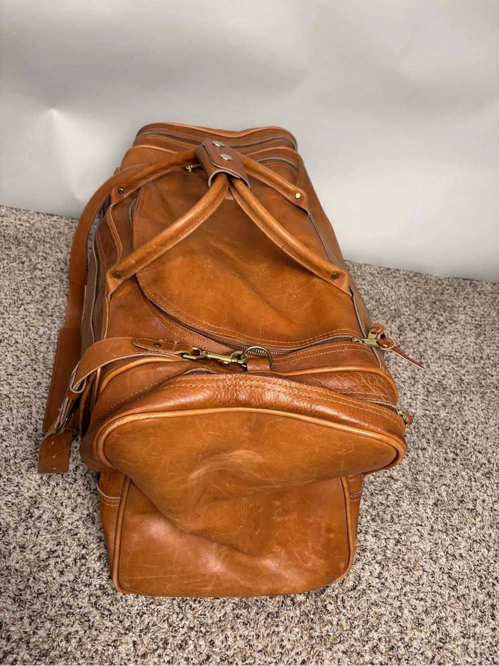 Orvis Leather Duffel Bag in Cognac Brown